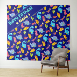 Tapete De Parede Aniversário Tema Dinossauro Cor Azul Marinho Perso