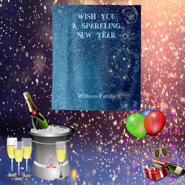 Tapete De Parede Ano Novo Brilhante Azul Glitter Estrelas Florais A (Blue Sparkling New Year Glitter Cheer Stars Floral Tapestry)