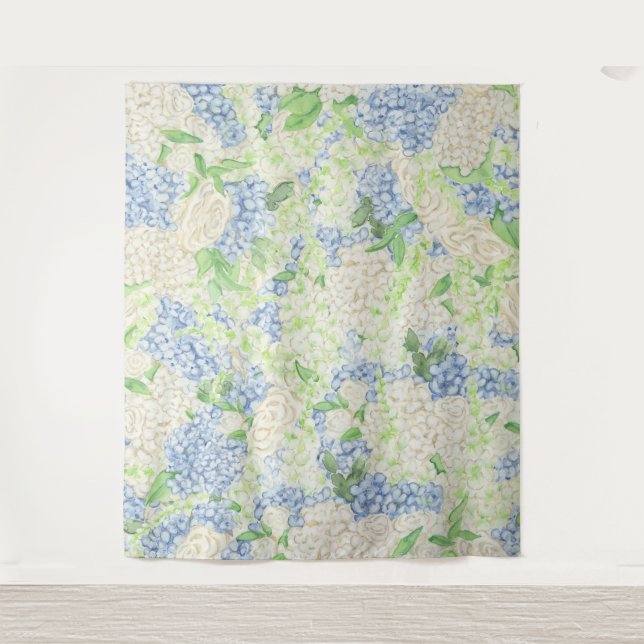 Tapete De Parede Aquarela Azul e Branco Hydrangea Crest (Frente)