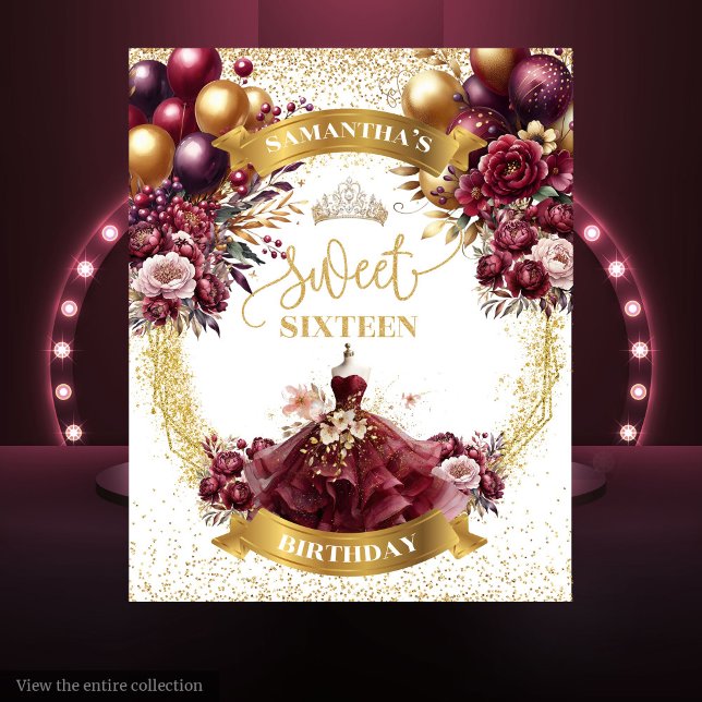 Tapete De Parede Aquarela Doce Dezesseis Backdrop Burgundy (Watercolor Sweet Sixteen Backdrop Burgundy Dress)