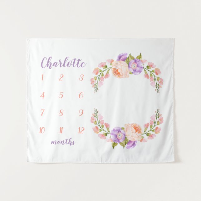Tapete De Parede Aquarela Floral Monograma Foto de Marco do Bebê (Frente (Horizontal))