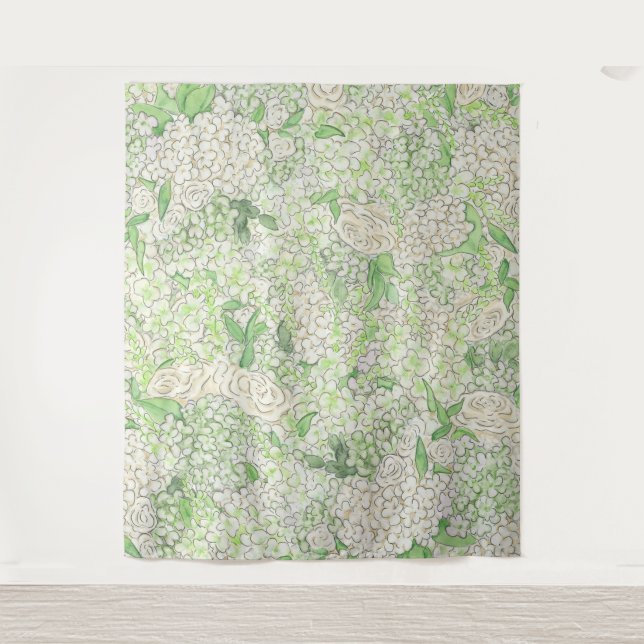 Tapete De Parede Aquarela Verde e Branco - Hydrangea Crest (Frente)