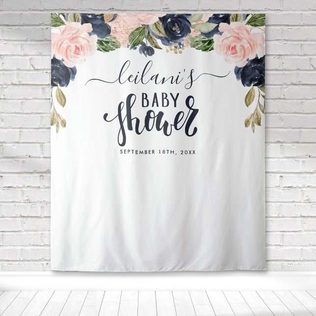 Tapete De Parede Arca Floral Rosa-Rosa-Marinho de Boas-Vindas (Blush pink and navy blue floral botanical baby shower typography tapestry perfect for photo ops.)