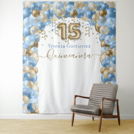 Tapete De Parede Arco de Balões Azul Elegante Dourado Quinceanera