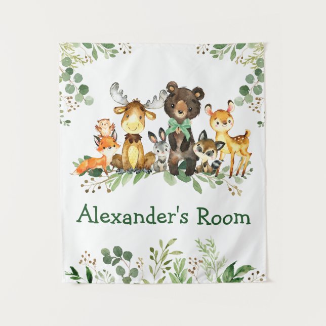 Tapete De Parede Arco Verde de Animais da Floresta de Aquarela (Frente)