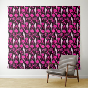 TAPETE DE PAREDE ART DECO BLACK PINK FUCHSIA FLORES, PARTES BRANCAS