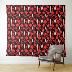 Tapete De Parede ART DECO BLACK RED FLOWERS,WHITE PARROTS Floral