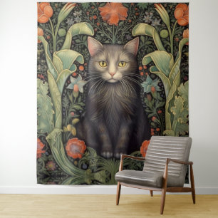 Tapete De Parede Art nouveau gato preto e flores vermelhas
