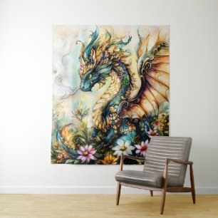 Tapete De Parede Arte de Fantasia do Majestoso Dragão Floral