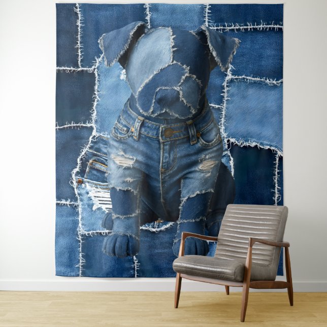 Tapete De Parede Arte em Patchwork de Tecido Denim com Cachorro (In Situ)