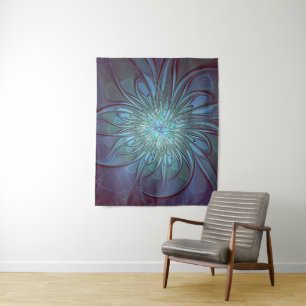 Tapete De Parede Arte Fractal de Flor Azul Moderno, Abstrato Trendy