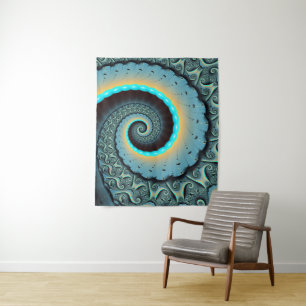 Tapete De Parede Arte Fractal Espiral Azul Turquesa Abstrato Laranj