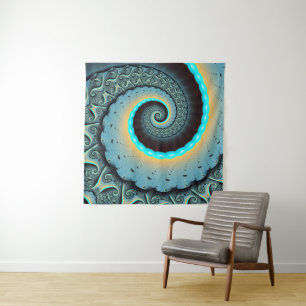 Tapete De Parede Arte Fractal Espiral Azul Turquesa Abstrato Laranj