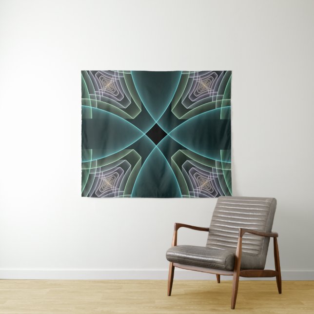 Tapete De Parede Arte Gráfico Geométrico Fractal Verde Teal Moderno (In Situ (Horizontal))