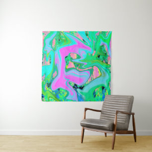 Tapete De Parede Arte Líquida Rosa e Azul Claro Retro em Hortênsia