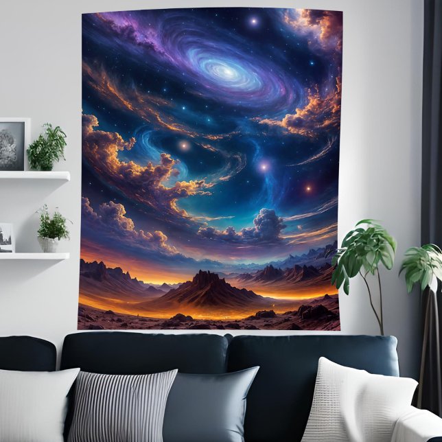 Tapete De Parede Arte no Céu do Planeta da Alienígena Espacial Galá (Stunning Spiral Galaxy Space Alien Planet Sky Art Tapestry)