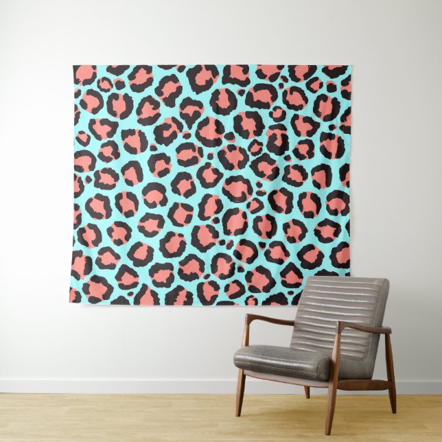 Tapete De Parede Artsy Trendy Coral Mint Teal Leopard Animal Print (In Situ (Horizontal))