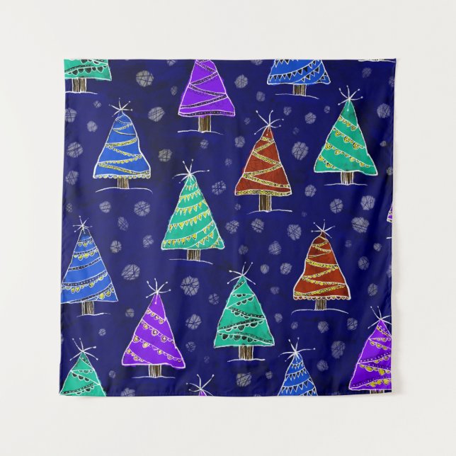 Tapete De Parede Árvores de Natal Aquarela: Padrão Florestal. (Frente)