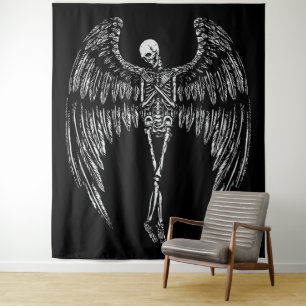 Tapete De Parede Asas de Anjo Esquelético em Preto e Branco