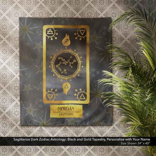 Tapete De Parede Astrologia Zodíaca Escuro Sagitário: Nome Dourado  (Sagittarius Dark Zodiac Astrology: Black and Gold Tapestry, Personalized with Your Name.)