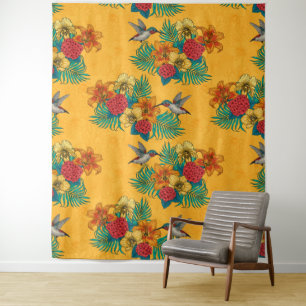 Tapete De Parede Aves e buquês tropicais em amarelo