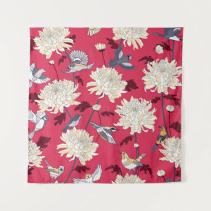 Tapete De Parede Aves e Chrysanthemum: Vintage Floral