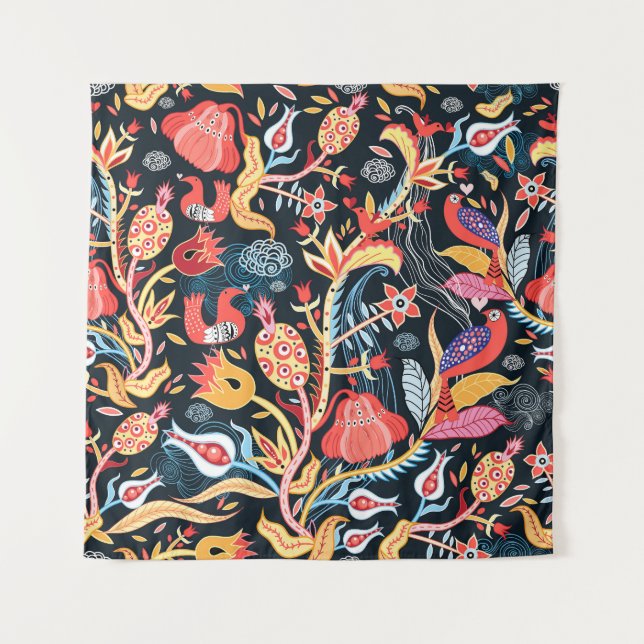 Tapete De Parede Aves Florais Escuras: Padrão Ornamental. (Frente)