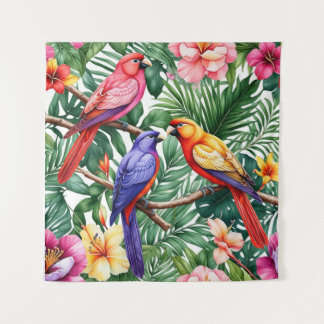 Tapete De Parede Aves tropicais e flores vibrantes
