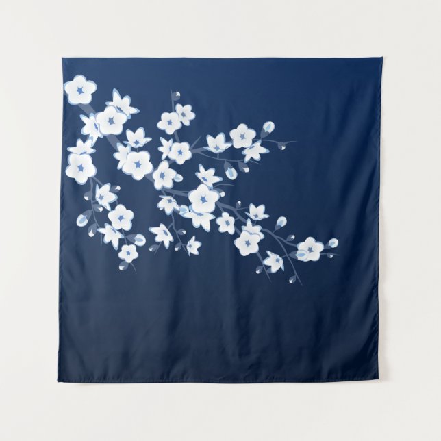 Tapete De Parede Azul Branco Flor de Cerejeira (Frente)