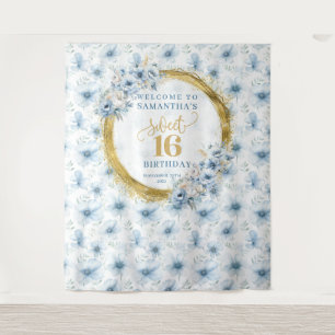 Tapete De Parede Azul-claro personalizado Doce 16 Glitter Dourado