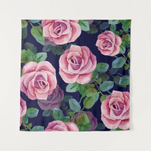 Tapete De Parede Azul Escuro, Rosas Rosa Aquarela.