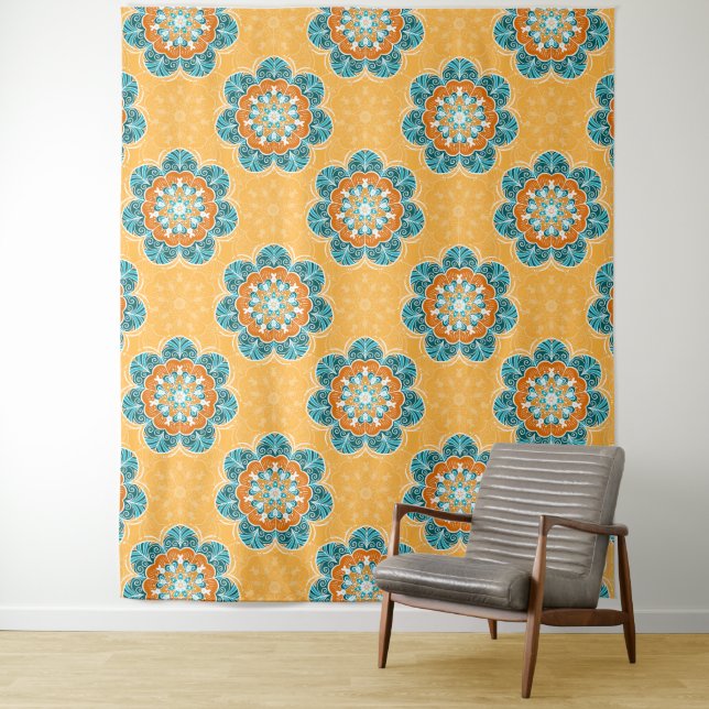 Tapete De Parede Azulejo Floral Mandala em Laranja e Teal (In Situ)