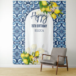 Tapete De Parede Azulejos azuis limões Amalfi italiano Feliz Aniver