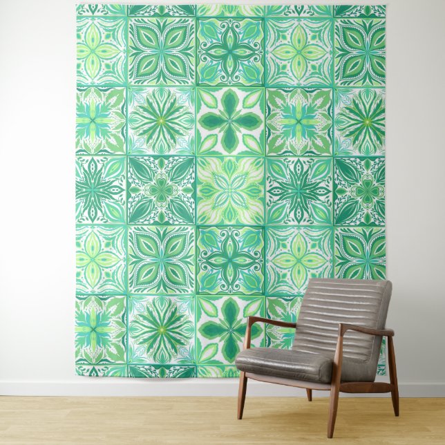 Tapete De Parede azulejos ornamentados em verde e branco (In Situ)