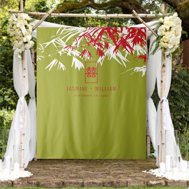 Tapete De Parede Bambu Verde e Vermelho deixa pano de fundo do casa (Green & Red Bamboo Leaves, Double Happiness Chinese Wedding Backdrop Tapestry @ fatfatin_ted_knot)