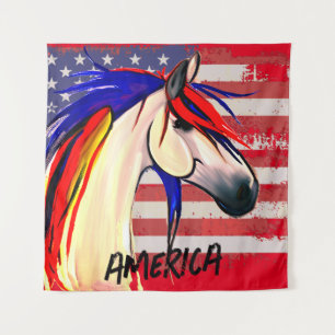 Tapete De Parede Bandeira Americana Vermelha e Cavalo Azul
