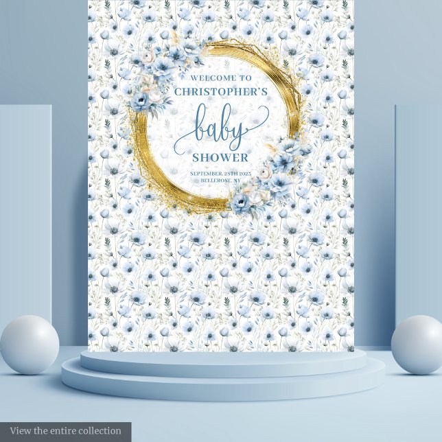 Tapete De Parede Bandeira de Bebe de Flores Azuis Pastéis Doces e D (Sweet Pastel Blue Gold Flowers Baby Shower Banner Tapestry)