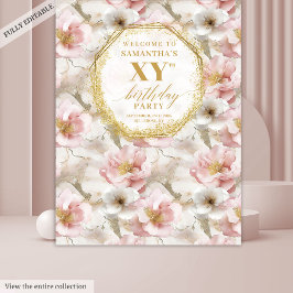 Tapete De Parede Bandeira de Celebração de Aniversário Floral Rosa 