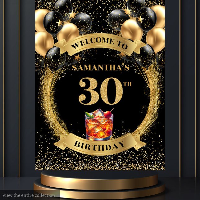 Tapete De Parede Banner aniversário de 30 anos preto Dourado sofist (Sophisticated 30th Birthday Black Gold Banner)
