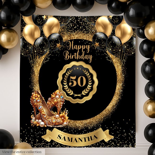 Tapete De Parede Banner de 50º aniversário do Glam Dourado High Hee (Glam Gold High Heels 50th Birthday Banner Tapestry)