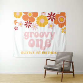 Tapete De Parede Banner de Aniversário Floral Retro Groovy One