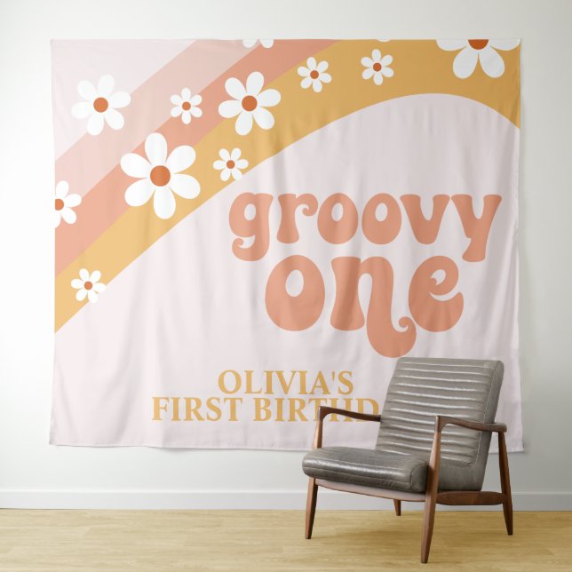 Tapete De Parede Banner de Aniversário Groovy One Retro Daisy (In Situ (Horizontal))