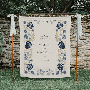 Tapete De Parede Banner de Boas-Vindas de Casamento Floral Azul-Mar