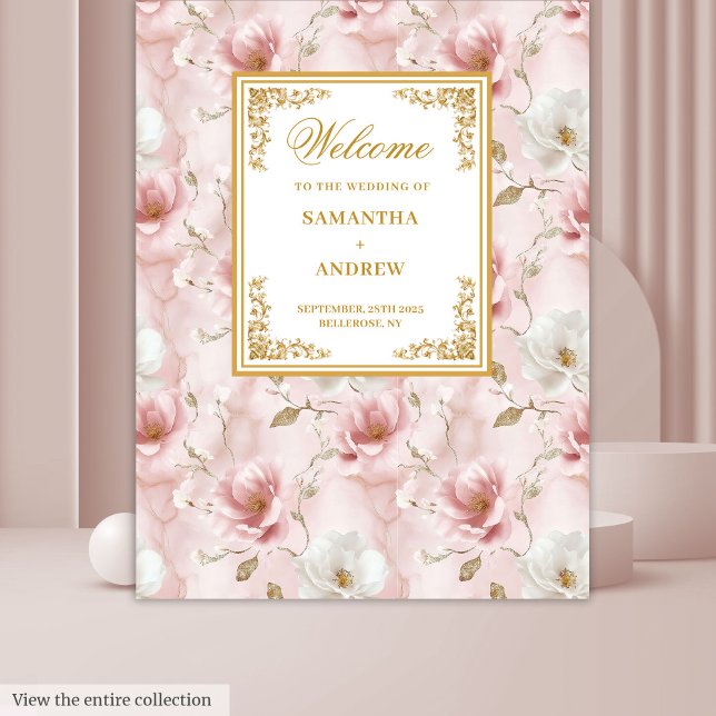 Tapete De Parede Banner de casamento do marfim rosa poeirento (Chic dusty pink ivory floral gold wedding banner Tapestry)