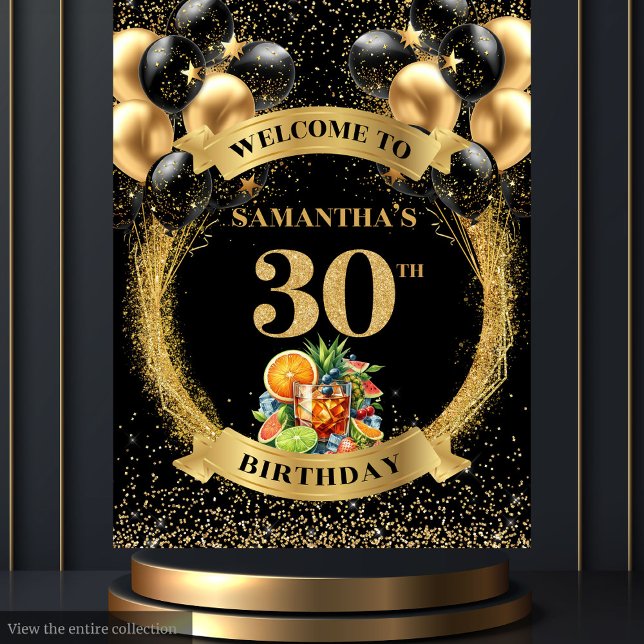 Tapete De Parede Banner de coquetel agudo, aniversário de 30 anos c (Charming 30th Birthday Whiskey Cocktail Banner)