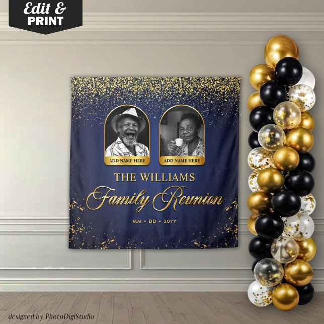 Tapete De Parede Banner de Reunião Personalizada da Família, 2 Foto (Custom Family Reunion Banner, 2 Photo Blue Gold Tapestry)