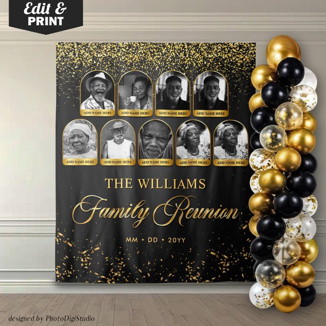 Tapete De Parede Banner de Reunião Personalizada da Família, 9 Foto (Custom Family Reunion Banner, 9 Photo Black Gold Tapestry)