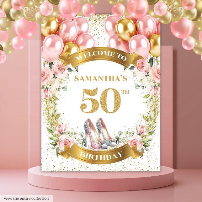Tapete De Parede Banner do Partido Boho do 50º Aniversário Pink Hee (Pretty 50th Birthday Pink Heels Boho Party Banner Tapestry )