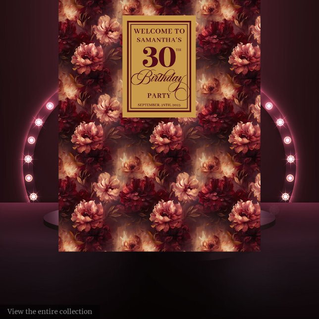 Tapete De Parede Banner Dourado de aniversário de 30 anos Romântico (Romantic Blush Burgundy Gold 30th Birthday Banner)