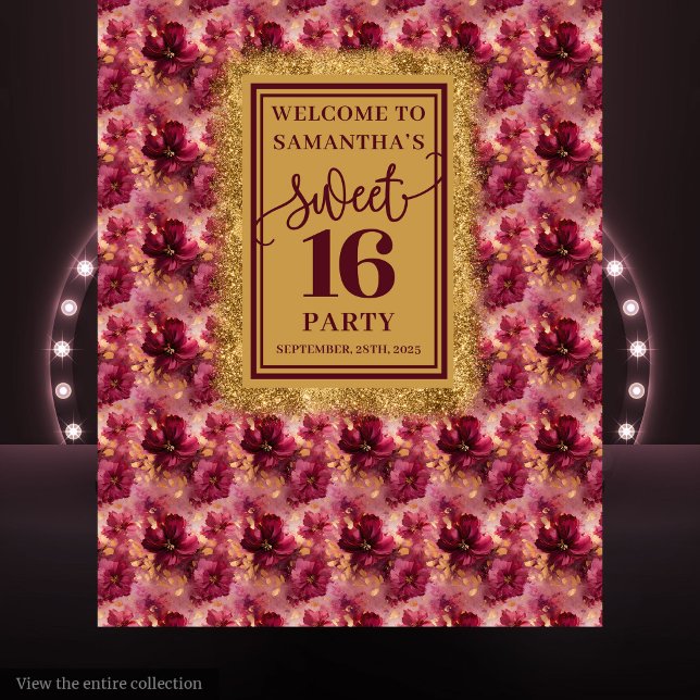 Tapete De Parede Banner Dourado Glamorous Sweet 16 Blush Burgundy (Glamorous Sweet 16 Blush Burgundy Gold Banner)